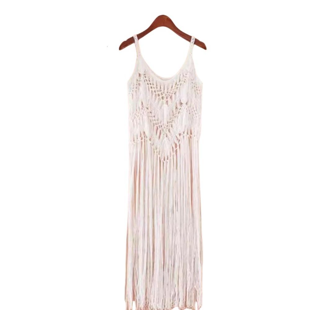 Bohemian Style Beach Dress Polyester Fibre Tassel Vest Elegant Knit Gown  Beach Vacation