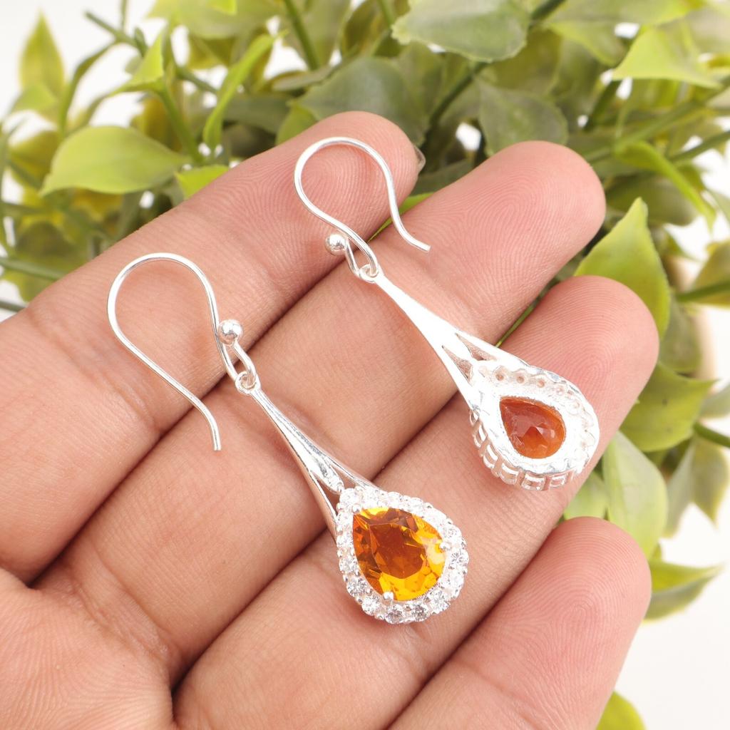 Natural Citrine Gemstone 925 Sterling Silver Zircon Partywear Earrings 1.86" CZE-7-5