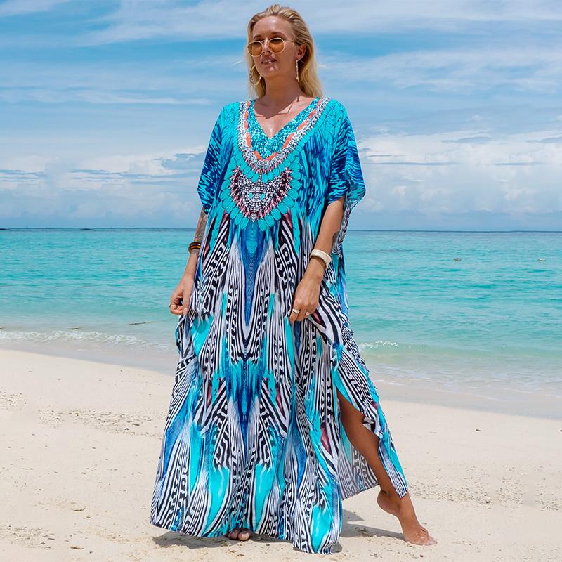 Printed Turkish Robe Bat Sleeve Summer Tunic Plus Size Swimwear Cover Up For Women's Swimwear Blue Kaftan Dresses