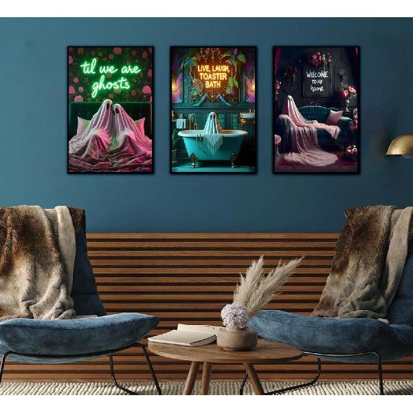 3Pcs Halloween Neon Bathroom Wall Art Tropical Ghost Dying To Relax Painting Picture Wall Decor Fashion Funny Gothic Ghost Toaster Poster Print