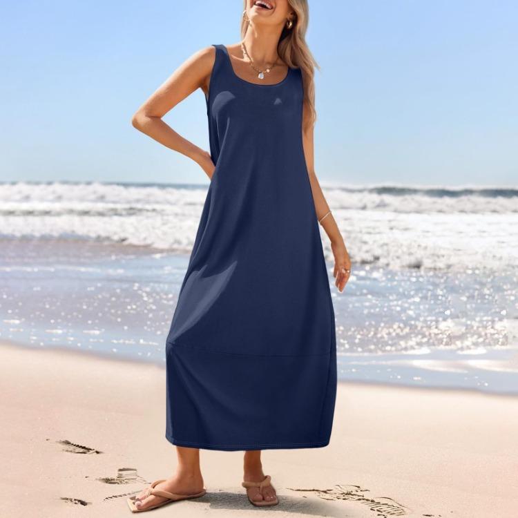Summer Women's Casual Loose Sleeveless Round Neck Sundress Long Beach Dress