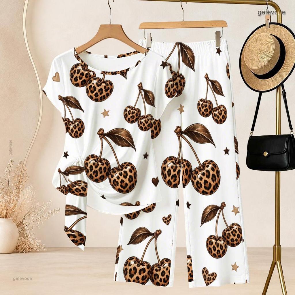 Women Plus Size White Round Neck Short Sleeve Printed Knot Hem Top And Long Pants Two Piece Set