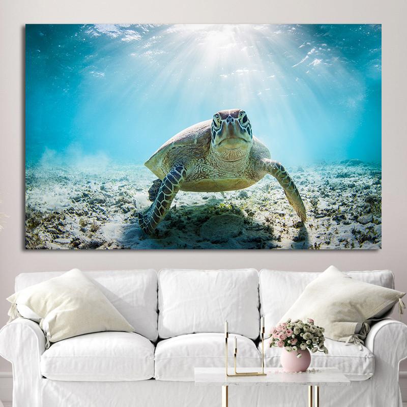 Green Sea Turtle Swims Underwater Canvas Painting Wall Pictures Sea Life Animal Posters and Prints for Living Room Decor Cuadros