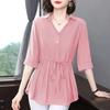 Рубашка с короткими рукавами, женская шифоновая рубашка со средними рукавами, летняя коллекция с талией, топ большого размера, рубашка средней длины