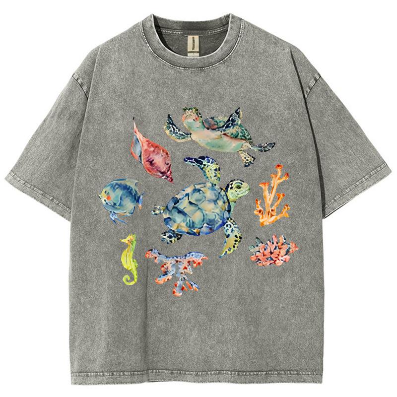 Turtle Seahorse Print Vintage Distressed T-Shirt Unisex Loose Short Sleeve Oversized Cotton Crew Neck Top Pullover