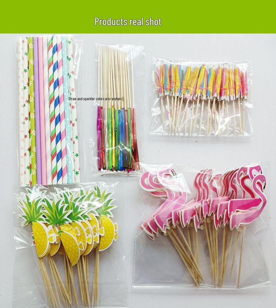 Hawaiian Party Set: 100PCS Colorful Paper Straws, Umbrella Picks, Fruit Picks, Honeycomb Pineapples, Flamingos, Firework Picks