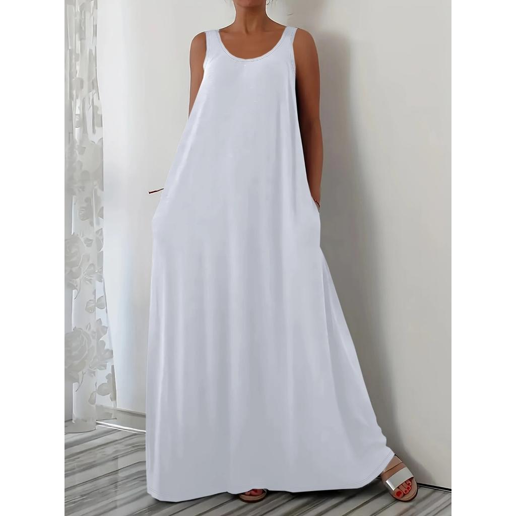 Summer Solid Color Plus Size Casual Sleeveless Dress with Side Pockets, European American Style Crossbody Women's Dress