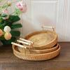 Wicker Fruit Tray Round Rattan Storage Basket Tray With Wooden Handle Bread Fruit Cake Food Plate Serving Tray for Home