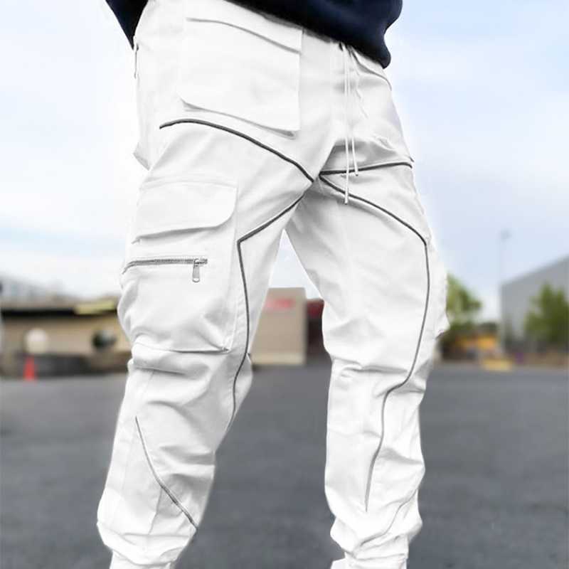 2024 Весенняя мужская мода High Street Брюки-карго Мужской тренд Светоотражающие спортивные брюки с несколькими карманами Мужские повседневные свободные комбинезоны большого размера