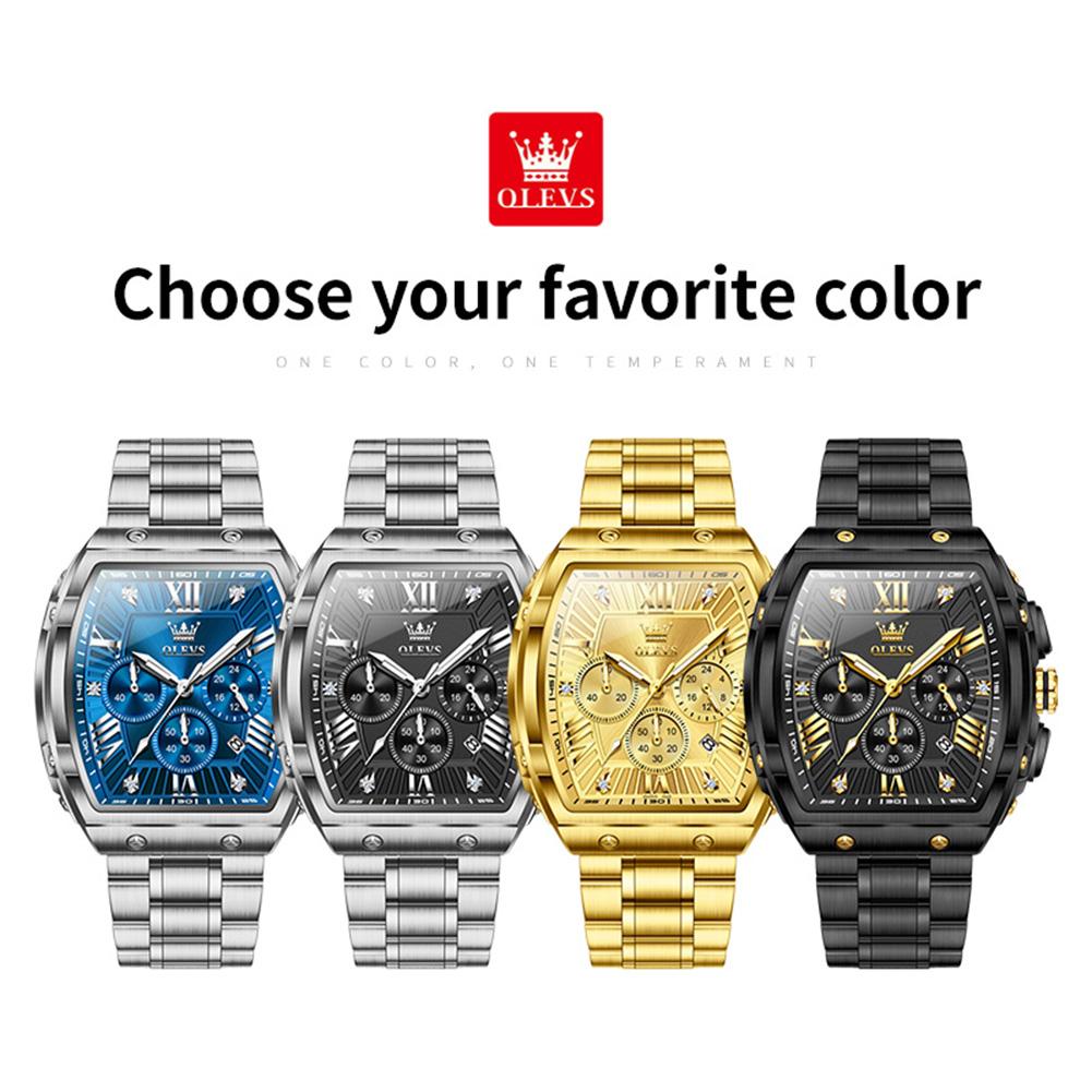 OLEVS Tonneau Watch Men Luminous Waterproof Date Stainless Steel Chronograph Quartz Watches for Men