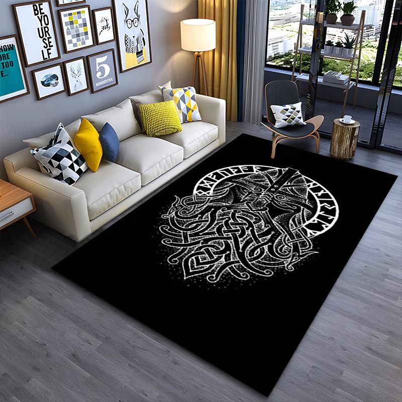 Spiritual Area Rug, Viking Warrior Beard Rune Circle White Black Dotwork Poster, Living Room Decor, Non-Slip Mat