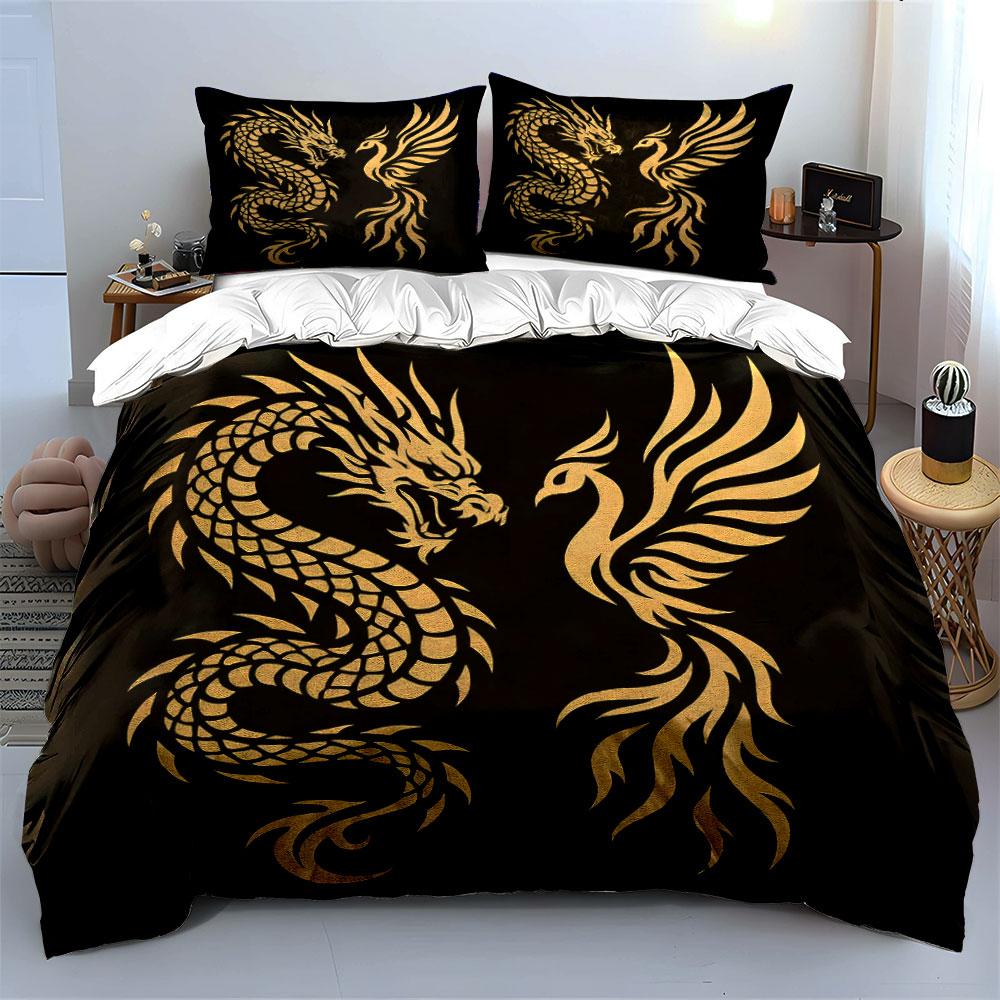 Golden dragon and phoenix. Bedding sets Duvet cover sets Duvet covers Pillowcases(1 * Duvet Cover 2 * Pillowcases without duvet insert)