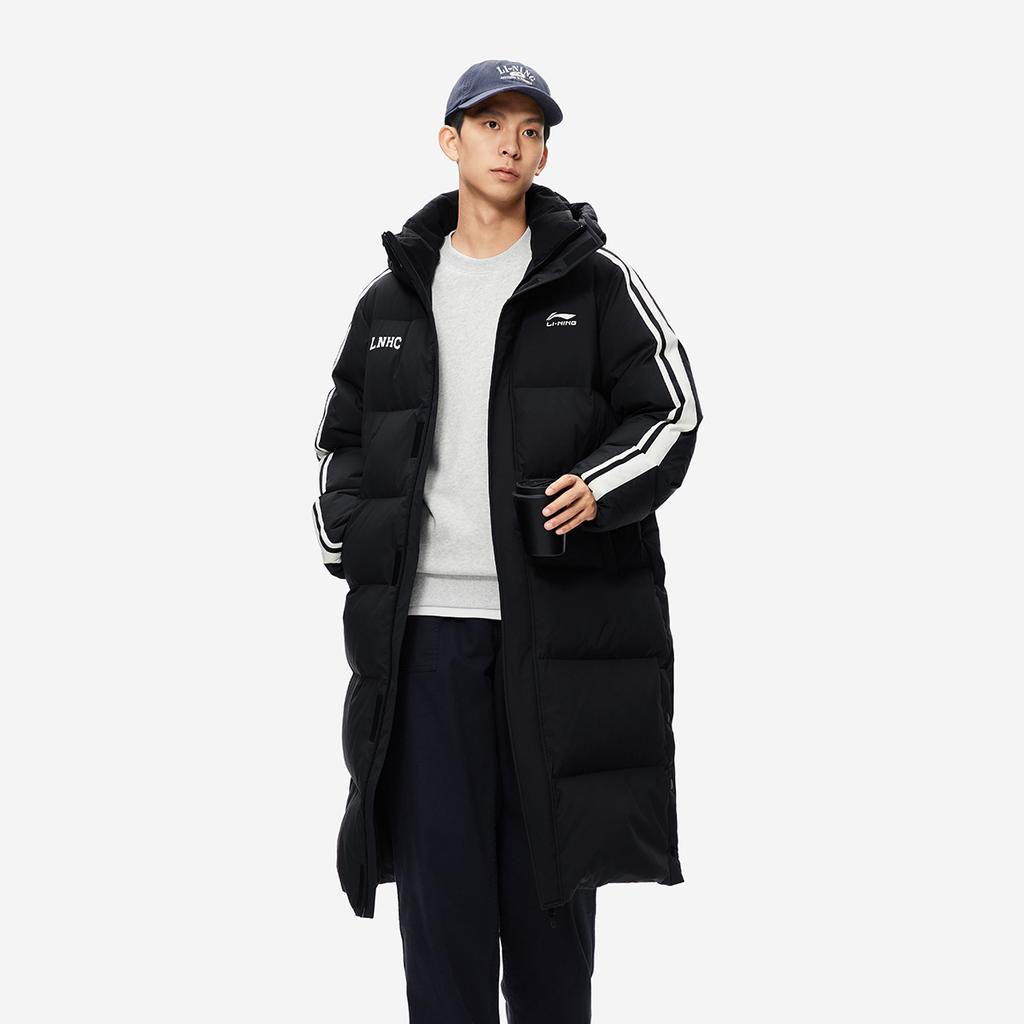Li Ning Hot Pot Down Series водоотталкивающая дальняя инфракрасная теплая куртка с капюшоном на молнии для отдыха на открытом воздухе повседневная зимняя длинная куртка-пуховик для мужчин верхняя одежда черного цвета AYMU449-4