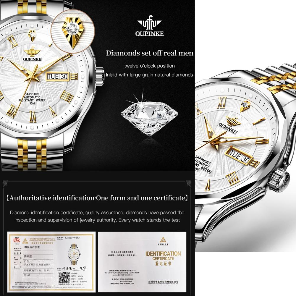 OUPINKE 3207 Automatic Watches for Men Original Import Japan Movement Real Diamond Dual Calendar Business Mechanical Wristwatch