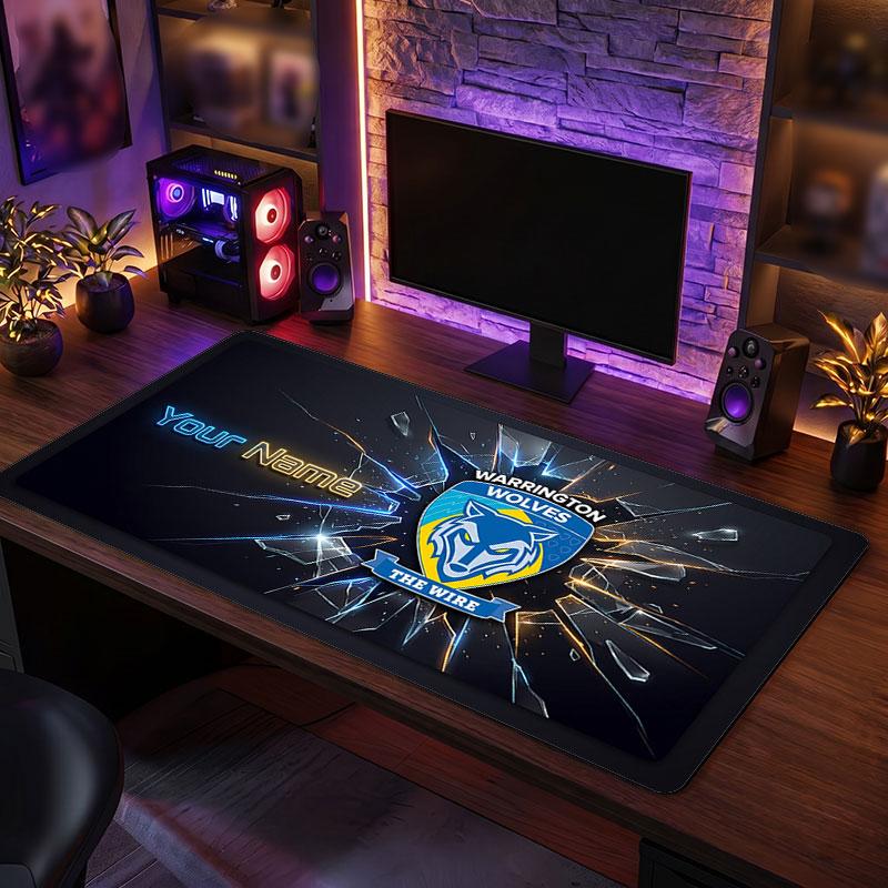 Warrington Wolves FC Custom Large Mouse Pad, Personalized Name Text Print, Football Logo Non‑Slip Desk Mat Gaming Gift
