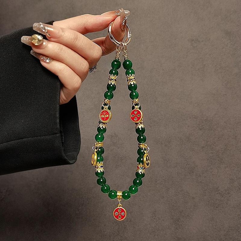 New Year Lucky Beaded Short Wrist Phone Chain, Chinese Style Five Wealth Gods Decorative Portable Mobile Phone Lanyard Pendant