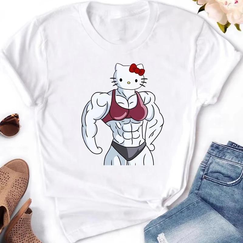 Мышечные Sanrioes Женская футболка Аниме HelloKitties Cinnamon Kuromis Веселая модель Мультяшная одежда Повседневная хлопковая футболка для пар