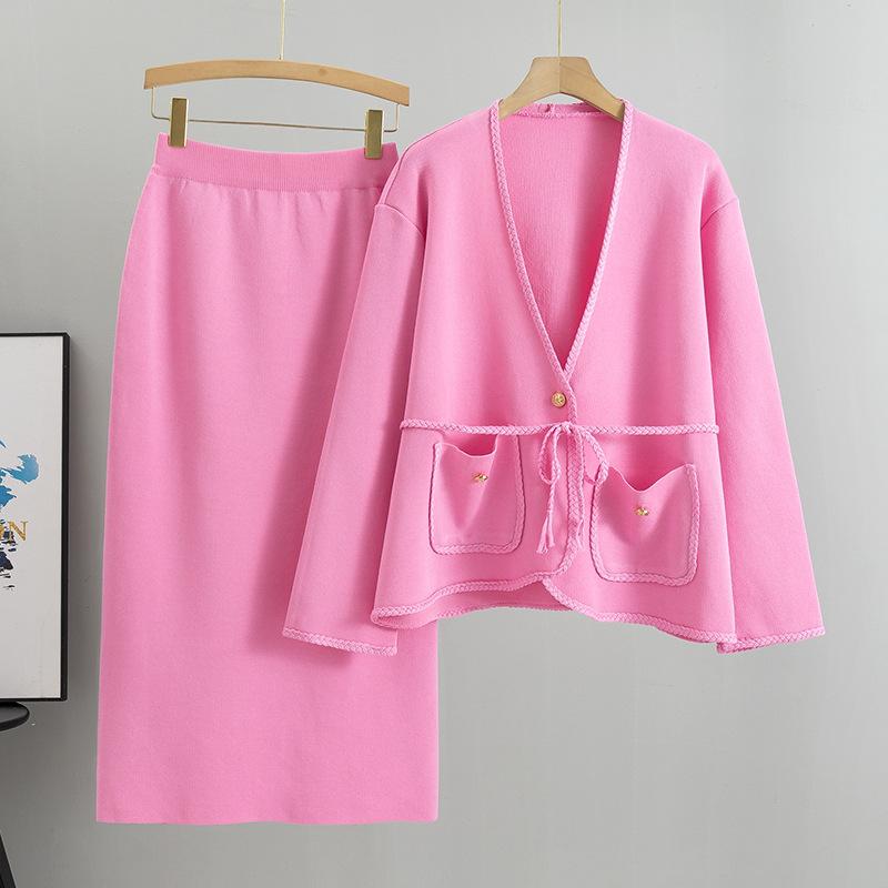 Осенне-зимняя женская маленькая вязаная юбка в парфюмерном стиле из двух предметов, свободная повседневная юбка до середины тела, костюм, юбка-свитер