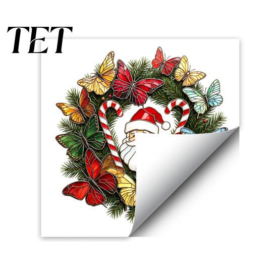 Waterproof PVC Static Clings Christmas Wreath Window Sticker, Stained Glass Style, Removable Santa Butterfly Candy Cane Decal, Cling for Home