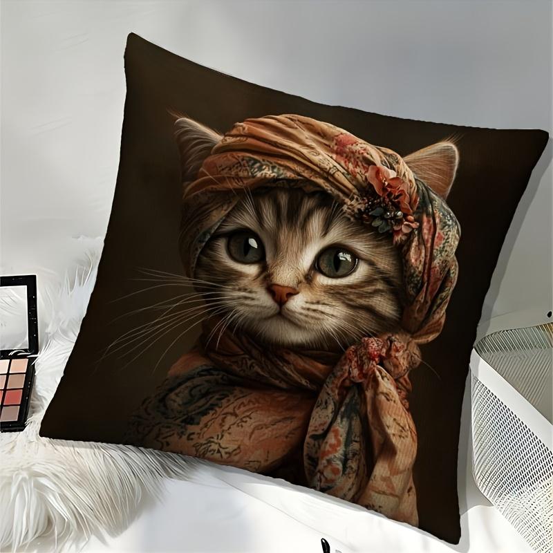 Vintage Art Cat Throw Pillow Cover, Elegant Renaissance Style Tabby Cat With Floral Scarf Decorative Cushion For Couch