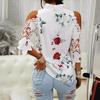 Летняя новая женская футболка с цветочным принтом и открытыми плечами, с длинным рукавом и кружевом для женщин