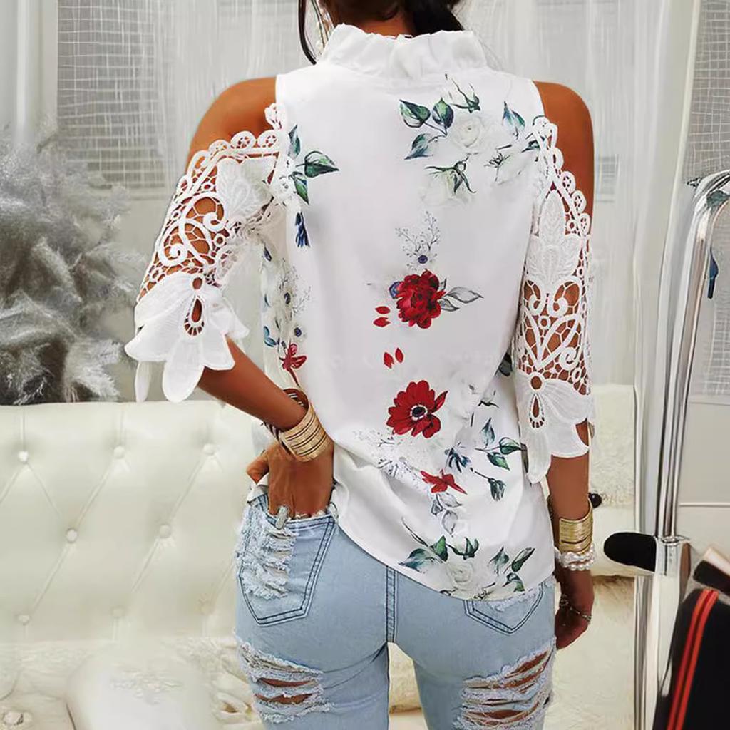 Летняя новая женская футболка с цветочным принтом и открытыми плечами, с длинным рукавом и кружевом для женщин
