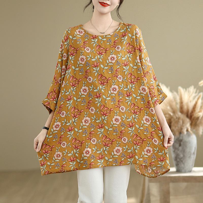 Летняя новая художественная футболка большого размера с круглым вырезом и рукавом три четверти