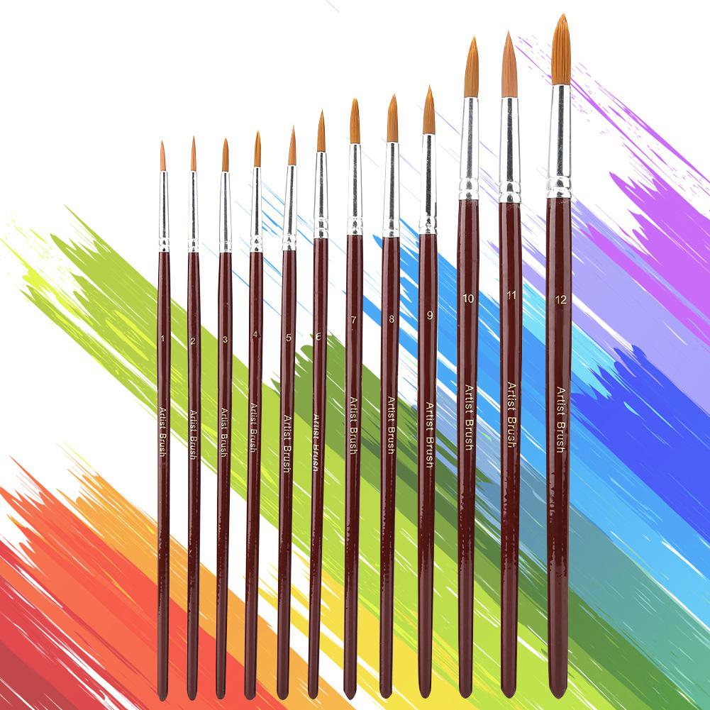 12Pcs Set Watercolor Paint Brush Nylon Hair Art Painting Brush Drawing Supplies(Round Tip)
