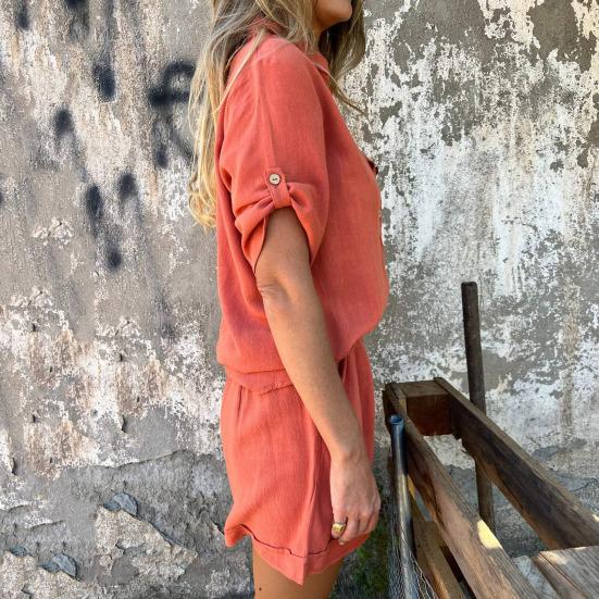 2 шт./компл., рубашка, брюки, костюм, однотонный, с короткими рукавами, воротником с лацканами, блузка с высокой талией, свободные шорты до колена, повседневный комплект