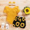 3PCS Baby Girl Clothes Set Short Sleeved Solid Color Ruffled Romper + Sunflower Print Shorts + Bow Headband
