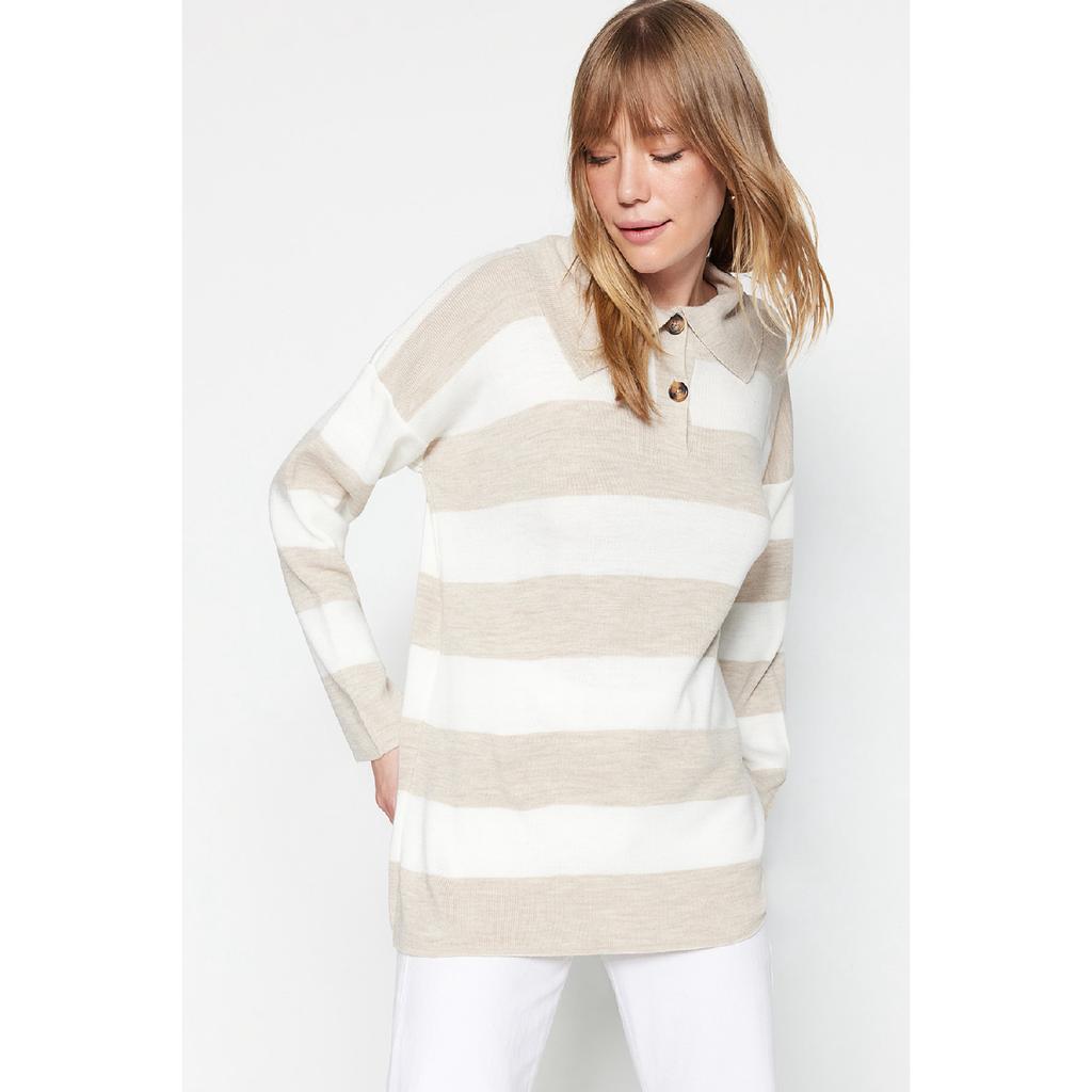 Черный полосатый трикотаж с воротником-поло Tctaw23kz00039