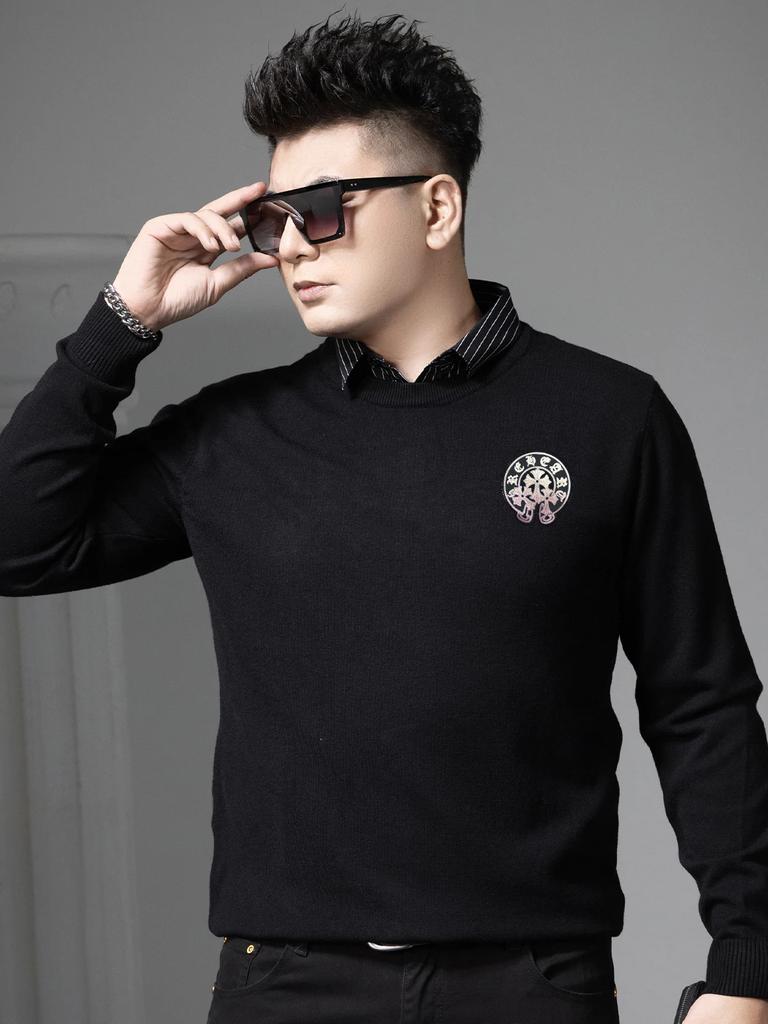 European-Style Round-Neck Sweater for Men, Faux Two-Piece, 2025 New Autumn and Winter Trendy Brand, Gold-Stamped, Warm Knit Base Shirt for Men