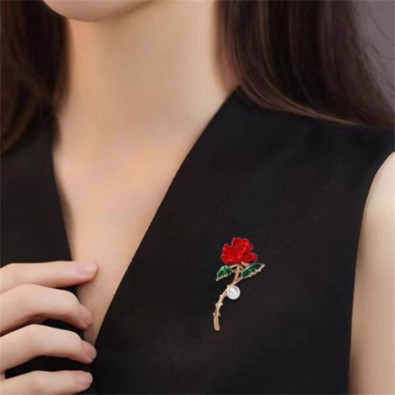 Elegant Temperament Red Rose Pearl Brooch Pins For Women Enamel Flower Corsage Wedding Party Jewelry Accessories Gift