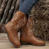 New Style Fashion Retro Western Cowboy Boots Women's Slimming Embroidered Square Headed Thick Heel Mid Length Boot Zapatos Mujer