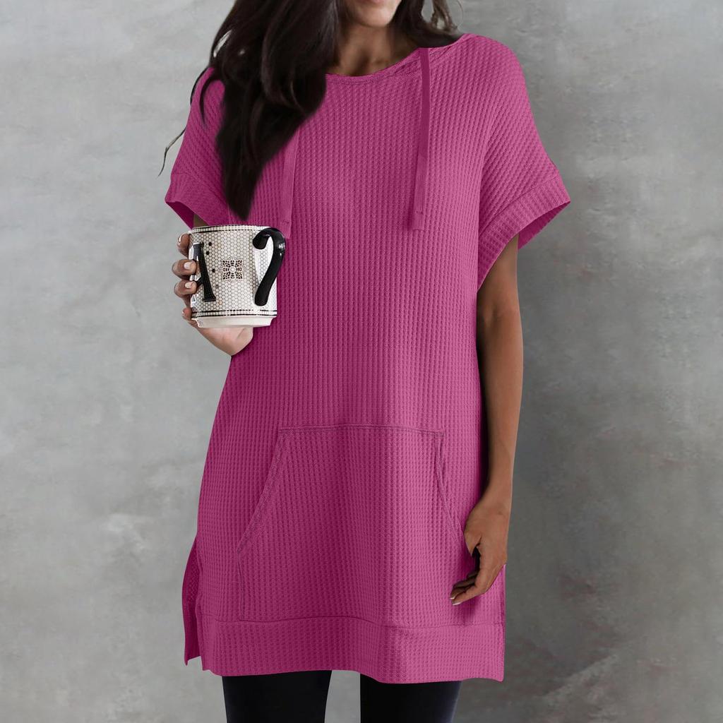 Женские однотонные свободные рубашки, толстовки с короткими рукавами и шнурком, вязаная туника с боковыми разрезами, топы с капюшоном и карманом