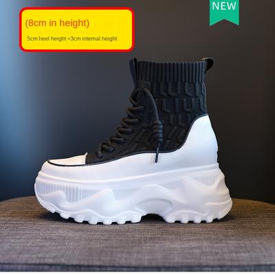 Модные 8 см 2025 Осень и Зима Новые женские ботинки Толстая подошва Ботинки средней высоты голенища с внутренней танкеткой Носки и Зимние ботинки