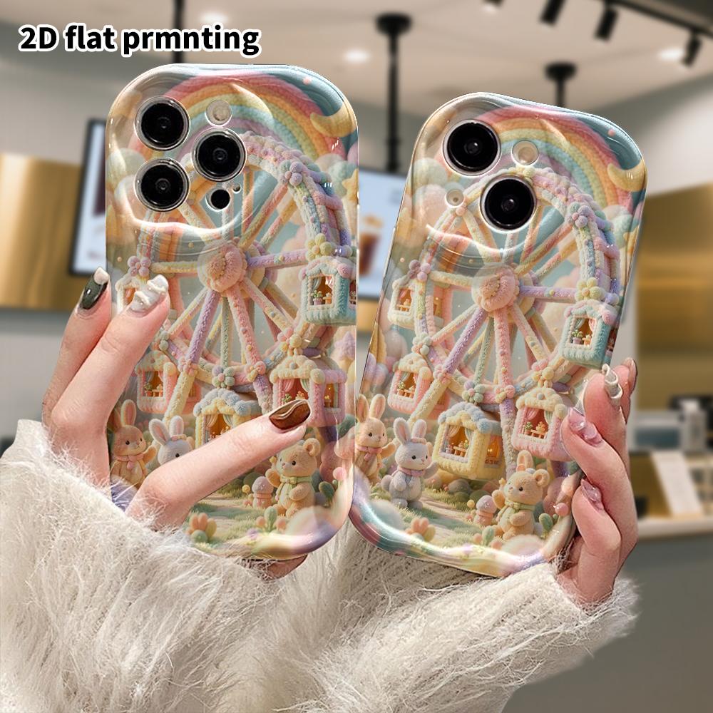 Phone case: 2D flat, suitable for iPhone 18, 17, 16, 15, 14, 13, 12 Pro protective cases, rainbow Ferris wheel park, perfect Christmas and Halloween h
