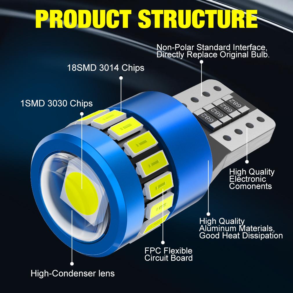 2 шт. Canbus T10 W5W светодиодные лампы 18SMD 3014 + 3030 6000K 168 194 Led 5w5 клиновидная линза автомобиля внутренняя карта купольные фонари парковочный боковой фонарь авто сигнальная лампа