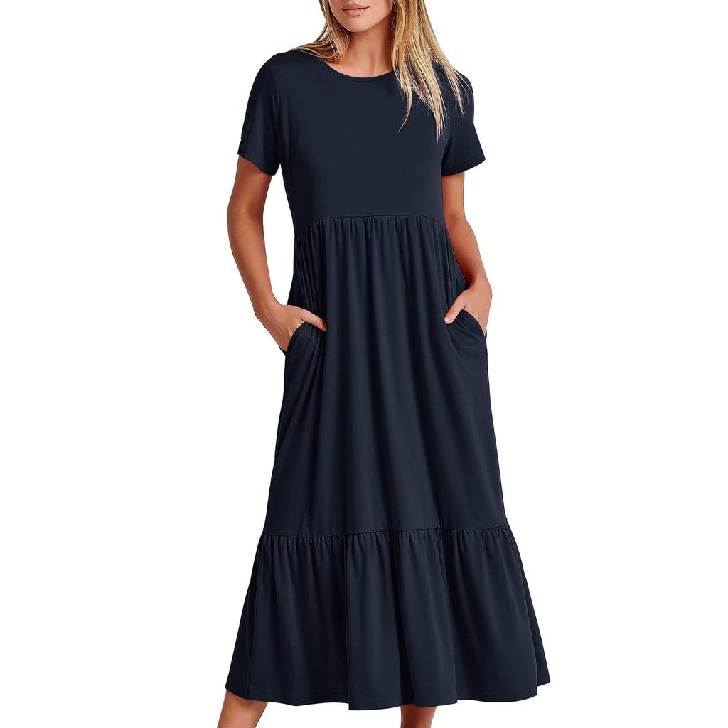 Women's Summer Casual Short Sleeve Crewneck Swing Dress Flowy Tiered Maxi Beach Dress With Pockets