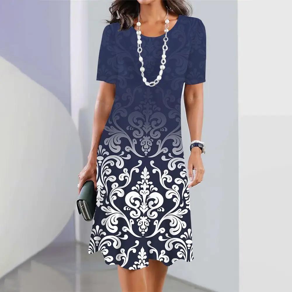 Женские платья с 3d градиентом и геометрическим принтом, платье с измельченным цветком, с короткими рукавами, праздничная одежда, элегантные топы, юбка трапециевидной формы в стиле ретро