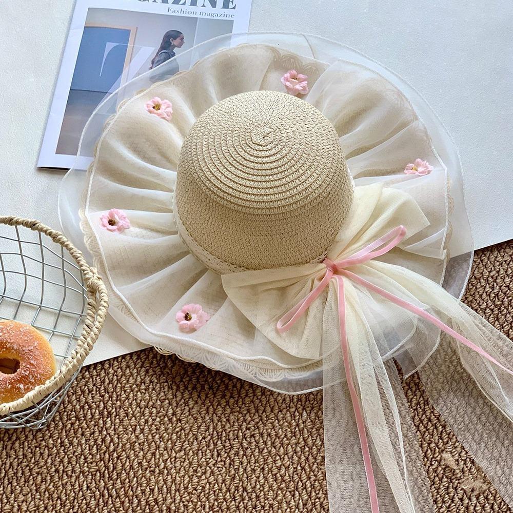 Flower Straw Hat Big Bowknot Wide Brim Hat Lolita Sun Protection Hat Seaside Vacation