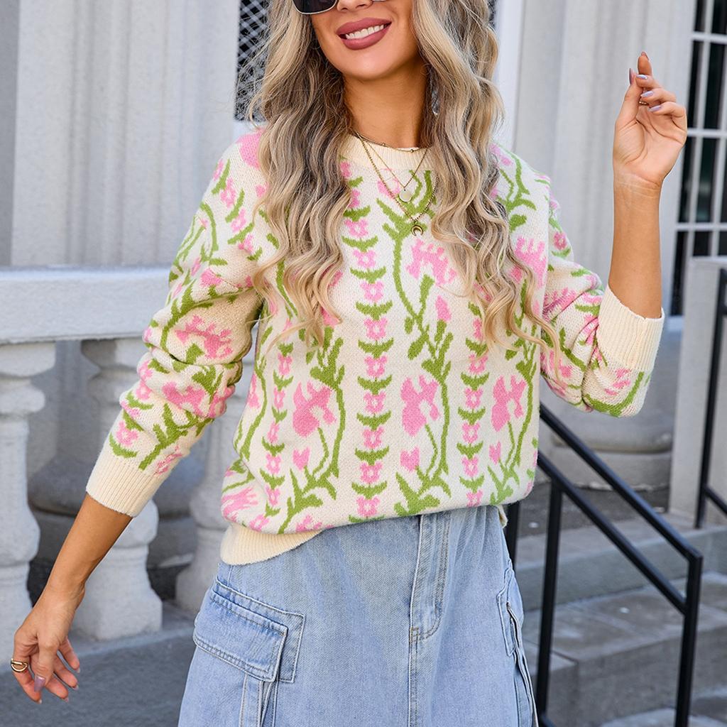 Women's Casual Fashion Comfortable Round Neck Pullover Contrast Color Flower Long Sleeve Street Trend Knitted Sweater