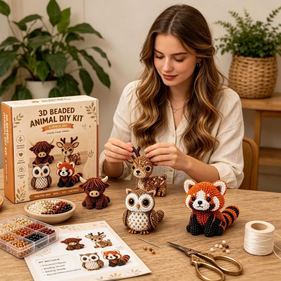 3D Beaded Animal Kit, DIY Beading Embroidery Kit for Beginners, Handmade Highland Cow/Butterfly/Owl Animal Bead Craft for Adults, Teens