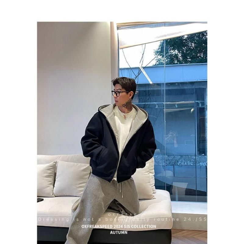 American Vintage Loose Short Hooded Zip Up Sweatshirt For Men