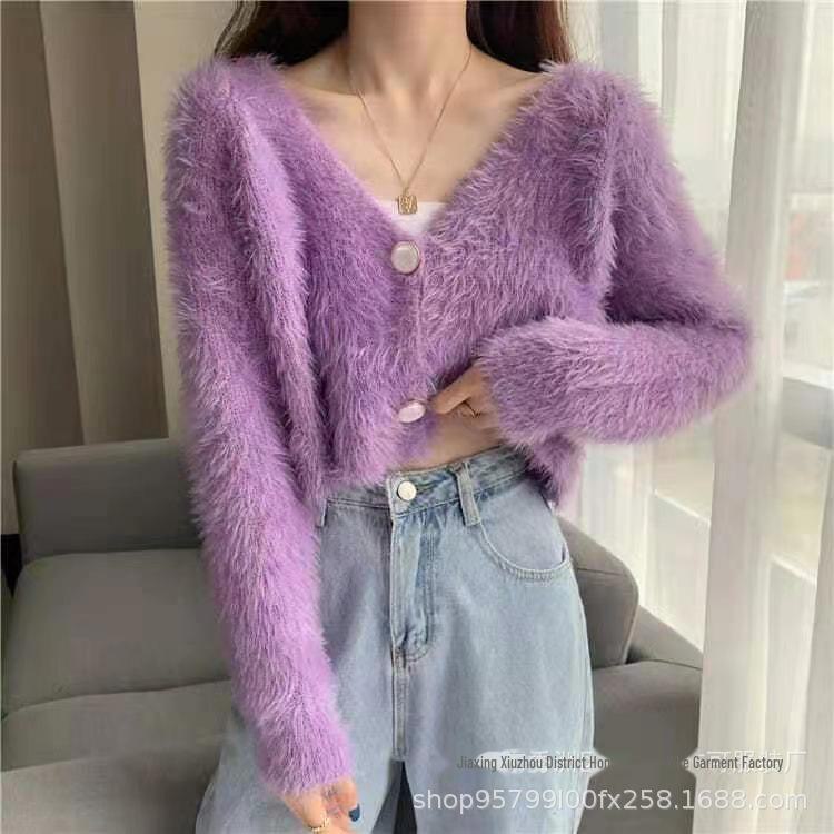 2023 Весна Короткий рукав Вязаный кардиган из искусственной норки - Вышитый свитер для горячей девушки, открывающий талию