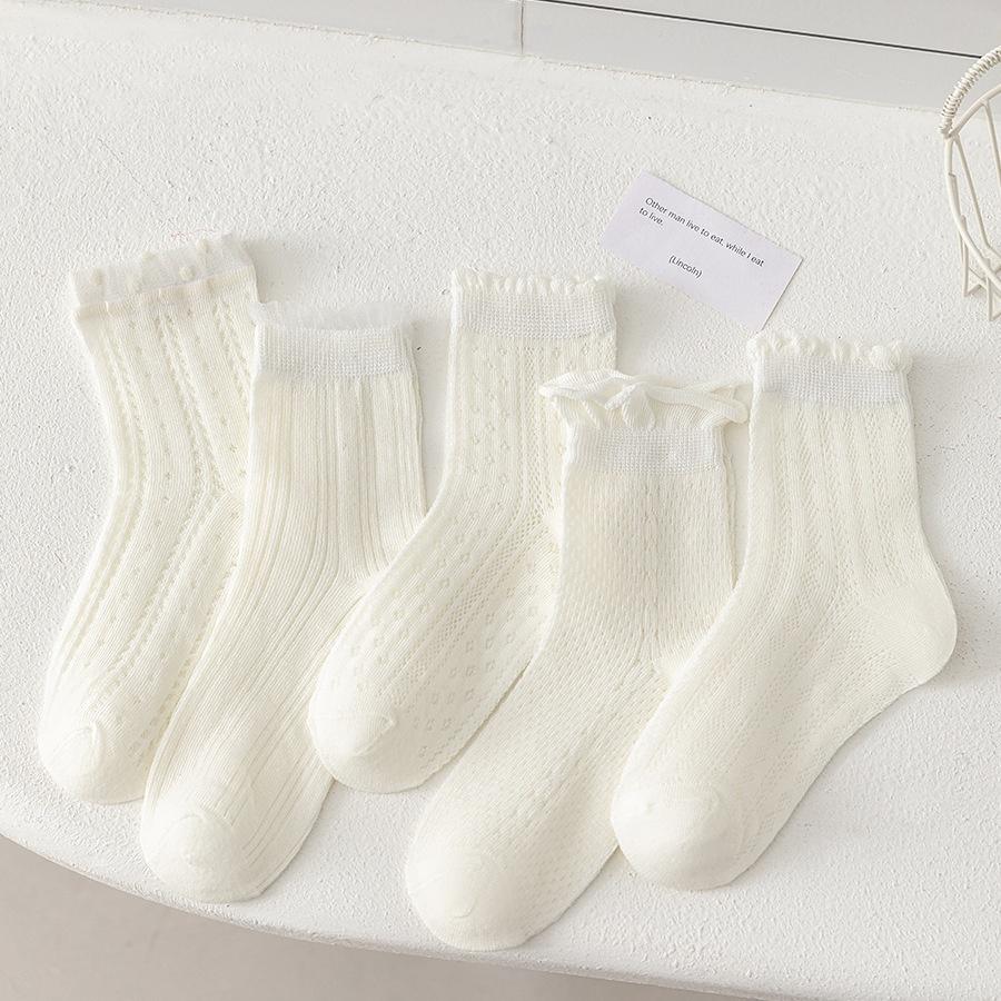 5 Pairs Girls Summer Mesh Socks Thin Breathable Princess Lace Trim Sweet Fashion Short Socks For Kids Age 2-12 Years Old