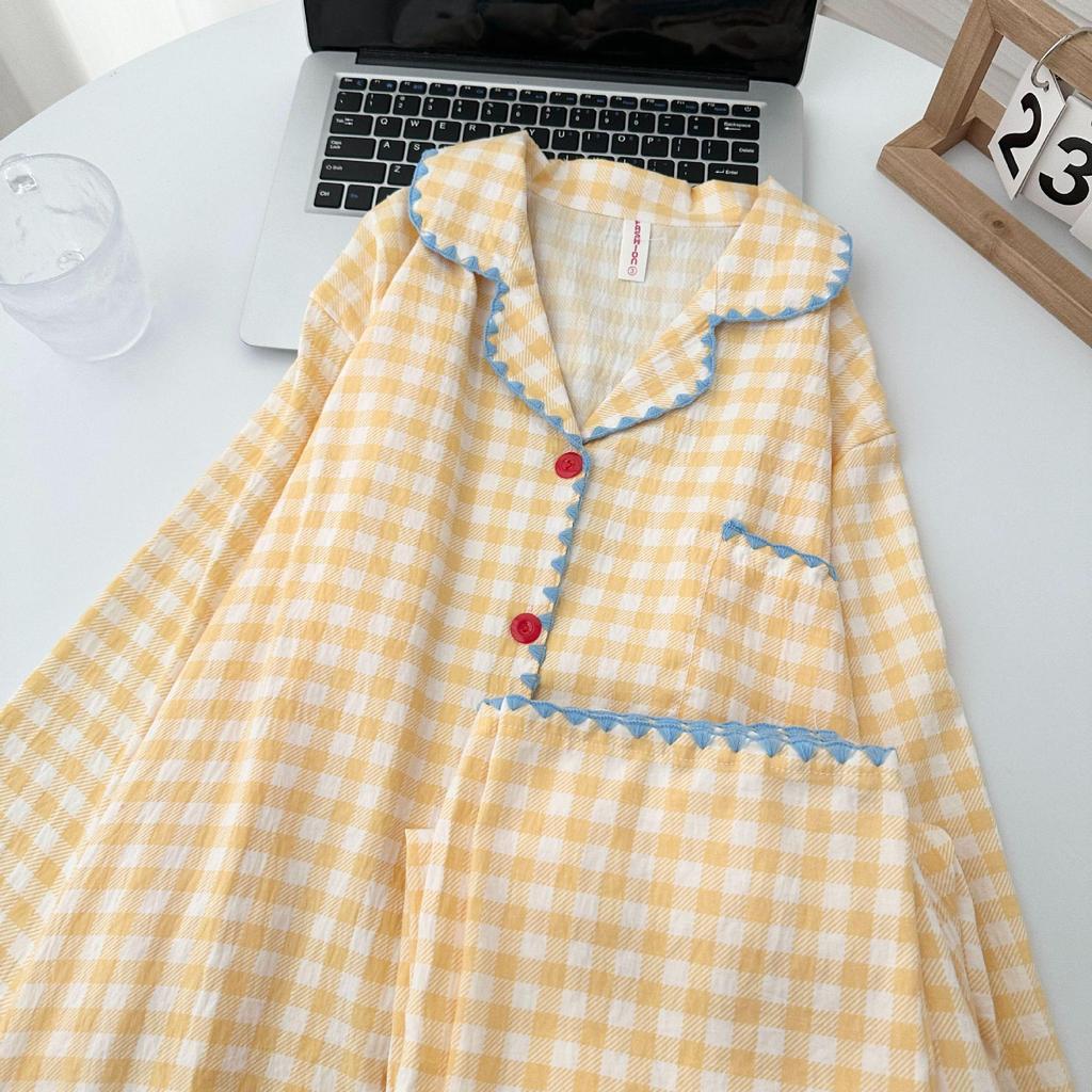 Женский пижамный комплект из облачного хлопка в желтую клетку с отделкой по краю в виде ракушек - С длинным рукавом, для дома на весну/осень, с ощущением высокого качества.