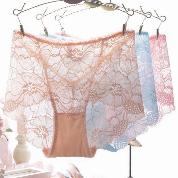 Lace Hollow Out Plus Fat Women's Mid Waist Triangle Pants Sexy Mesh Thin Breathable Cotton Underwear for Women