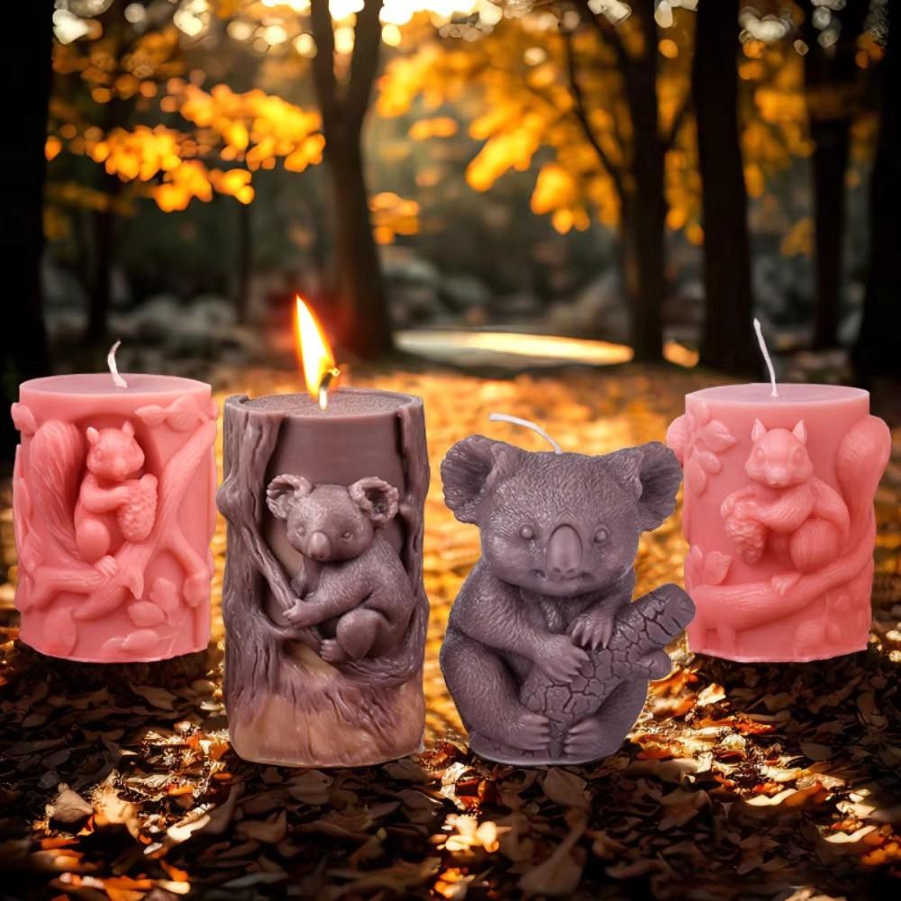 Koala Stump Shape Silicone Candle Molds Pinecone Squirrel Pillar Resin Making Animal Bear Gypsum Moulds Leaf Tree Cylinder Gifts