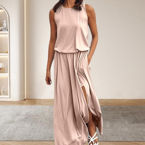 Женское пляжное платье с круглым вырезом, без рукавов, эластичное, с высокой талией, макси